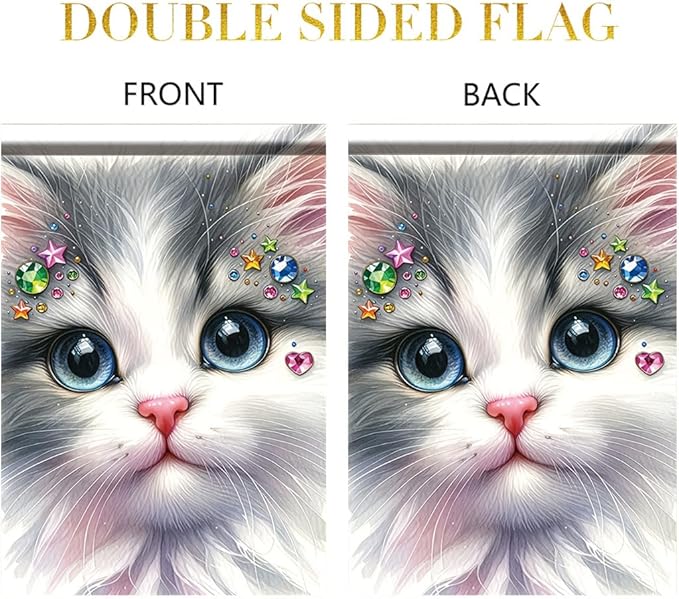 Cute Kitty Garden Flag 12x18 Inch Bling Rhinestone Cat Face Banner Double Sided Kitten Yard Decor for Cat Lovers, Spring Summer Outdoor Decoration