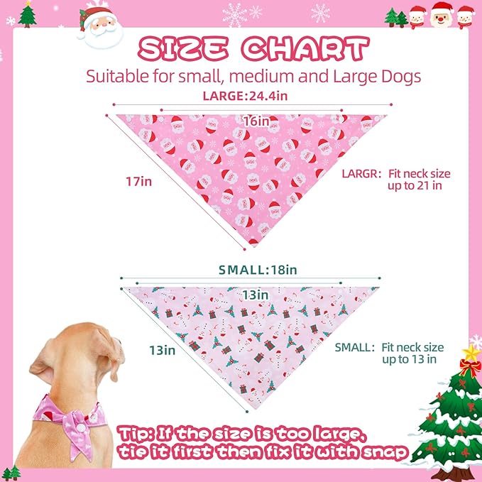 PAWCHIE Christmas Dog Bandanas 4 Pack,Reversible Dog Party Triangle Scarf Bibs,Pet Holiday Costume with Adjustable Snaps,Multiple Christmas-Themed Patterns for Medium Dogs Puppy,Cats Pets,Pink L