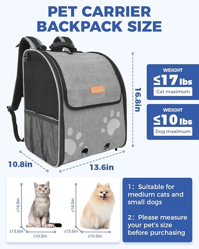 Cat Carrier Backpacks for Kitty Small Dog up to 15 lbs, Lightweight and Foldable Dog Backpack Carrier with Breathable mesh for Travel, Walking, Hiking, Camping and Vet (Grey)