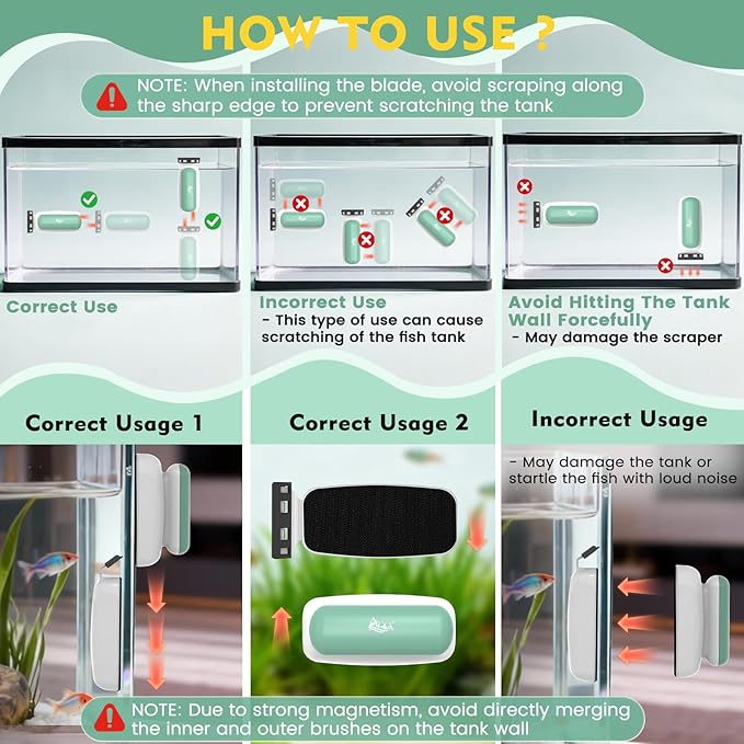 AQQA Aquarium Magnet Glass Cleaner - Enhanced Magnetic Fish Tank Cleaner with 2 Types of Blades, Self-Floating Aquarium Glass Scrubber Algae Scrapers for up to 0.63" Thick Glass/Acrylic Aquariums (L)