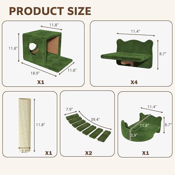 9-in-1 Cat Wall Shelves, Wall Mounted Cats Furniture Set with Plush Fabric, Cat Climbing Systems, Cats Shelf Furniture with Condos, House, Steps, Bridge Ladder, Scratching Post, Green