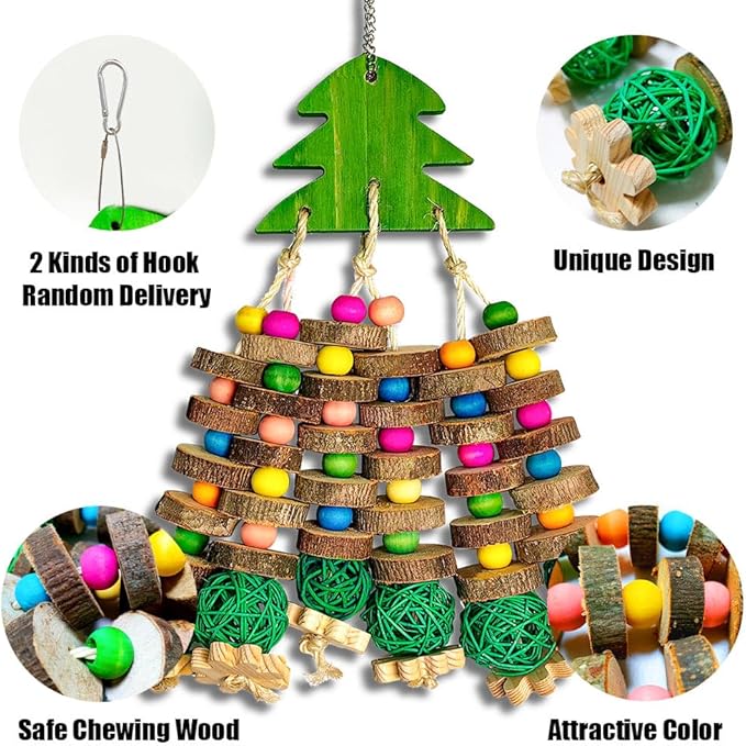 Parrot Toys, Large Bird Parrot Chewing Toys for Medium-Sized Macaws, Natural Wooden Blocks Christmas Tree Shape, African Grey Parrots, Amazon Parrots, Medium-Sized Bird
