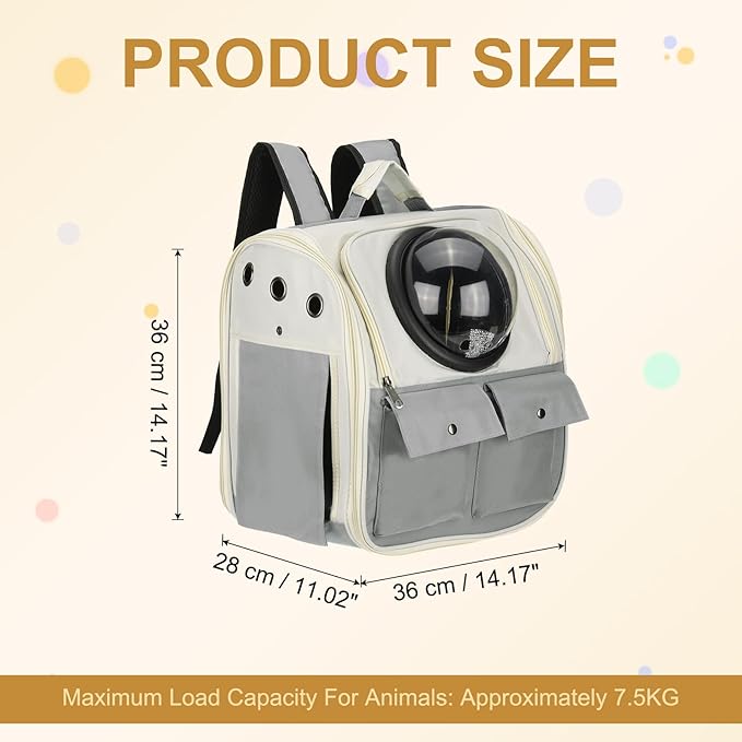 Pet Backpack Carrier, Portable and Ventilated, Oxford Cloth, Dogs Cats and Small Animals Travel Bag 13.39", (Gray, 1 Pcs), Intended for Hiking/Camping/Traveling