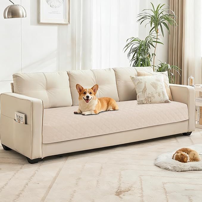 Waterproof Dog Bed Cover Pet Blanket, Soft Couch Cover for Dogs Washable, Non-Slip Dog Blanket Protect Furniture Couch Sofa Car for Puppy Large Dogs Cat (52x82 Inch, Beige)