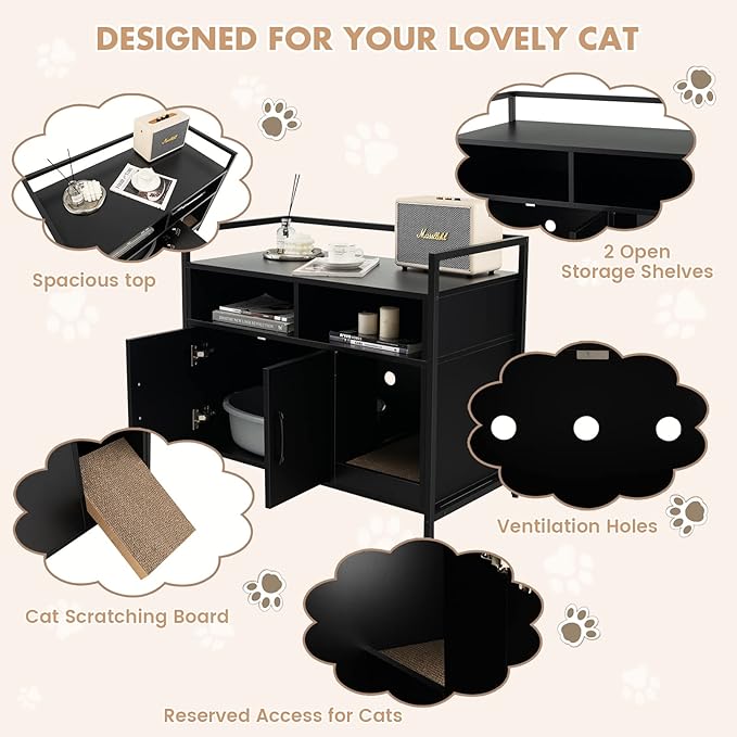 Giantex Cat Litter Box Enclosure - Cat Washroom Hidden Furniture with Front Entry, Scratcher, 2-Door Storage Cabinet, 2 Compartments, Air Vents, Metal Frame, Wooden Pet Crate House (Black)