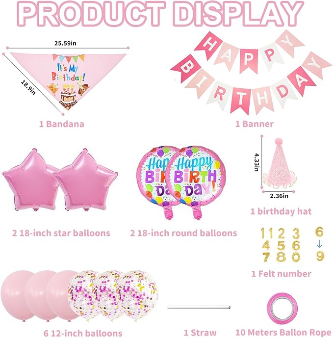 Dog & Cat Birthday Party Decorations Set Include Bandana, Adjustable Hat, Balloons, Happy Birthday Banner for Male and Female. Available for Small & Medium & Large Breeds (Pink)