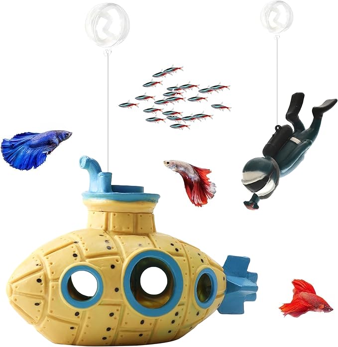 Floating Fish Tank Decoration, LittleCute Retro Submarine AquariumDecoration with Two Float Balls,Resinous Fish Tank Accessorie
