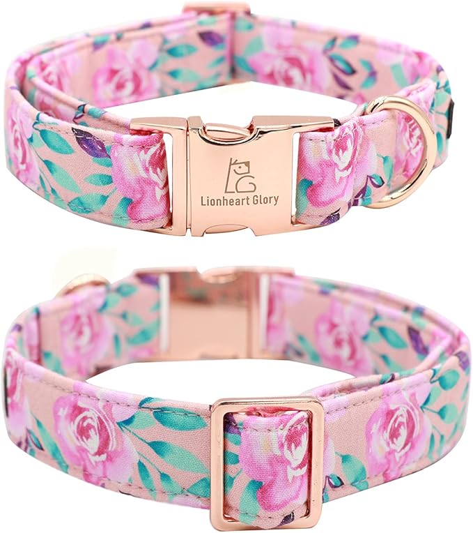 Lionheart Glory Dog Collar, Pink Dog Collar with Flower, Cute Floral Pattern Pet Collar Adjustable Dog Collar for Large Dogs