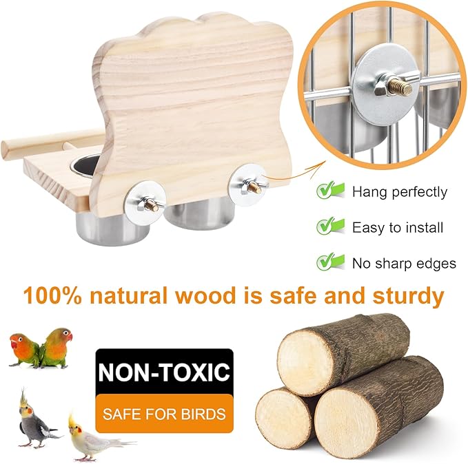 Feeder with Acrylic Mirror & Stainless Steel Bowls, Natural Wood Perch, Cage Accessories, Parakeet Cage Accessories, Tool-Free Adjustable Supplies for Parakeet Cockatiel Lovebird