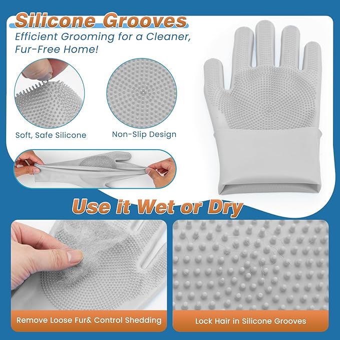 7PCS Pet Grooming Kit for Dogs and Cats，with Storage Bag & Includes Dog Washing Gloveswith High-Density Teeth, Adjustable Handle Dog Shampoo Brush, Dog Finger Toothbrush (Gray)