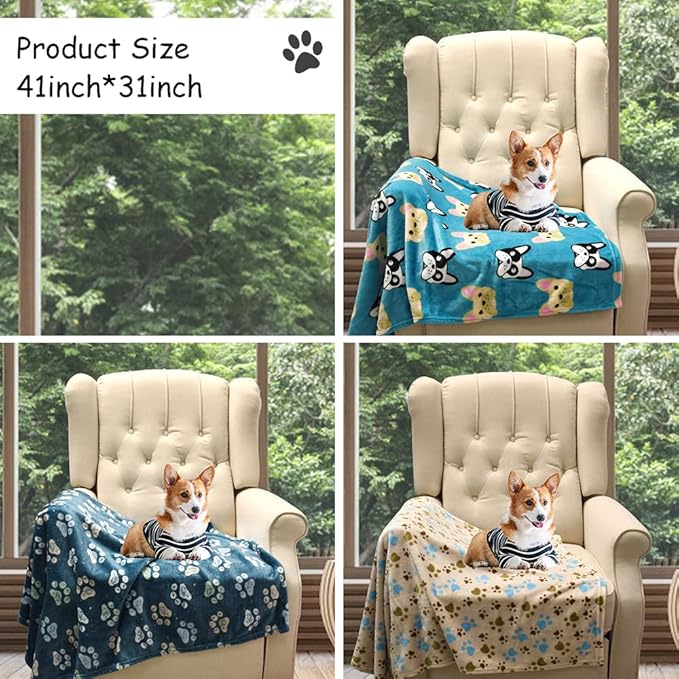 Rezutan Premium Dog Blankets for Large Dogs & Cat Flannel Blanket Washable, Soft Pet Throw Cover for Kennel Crate Bed, Cute Paw Pattern,41x31 inch, Blue/Beige/Navy Blue