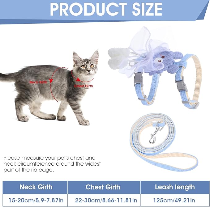 TIESOME Cat Harness and Leash Set, Adjustable Gradient Kitten Harness Escape Proof Harness with Leash for Kitty Outdoor Walking (Ribbon Bear Blue)