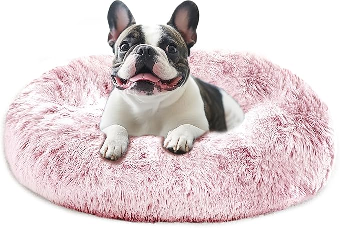 JOLLYVOGUE Calming Dog Bed Medium Size Dog, Anti-Anxiety Donut Medium Pet Bed, 27 inches Fluffy Faux Fur Round Cat Bed (Smoke Pink)