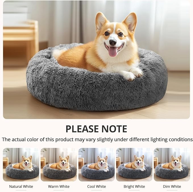JOLLYVOGUE Calming Dog Bed Medium Size Dog, Anti-Anxiety Donut Medium Pet Bed, 31 inches Fluffy Faux Fur Round Cat Bed, Fits up to 45 lbs Pets (Smoke Black)