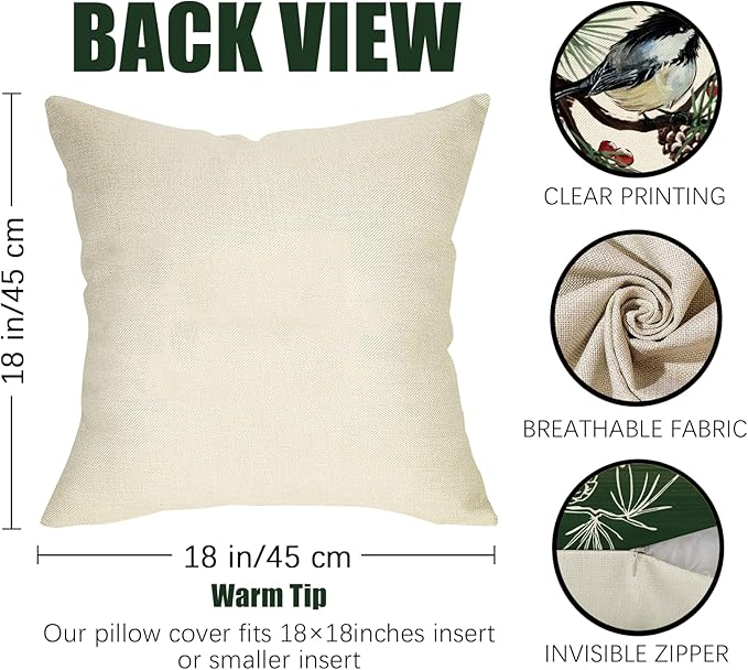 Fahrendom Hello Winter Green Decorative Throw Pillow Covers 18 x 18 Set of 4, Chickadee Pine Needle Branch Porch Patio Outdoor Pillowcase, Christmas Pine Cone Red Berry Sofa Cushion Case Home Decor