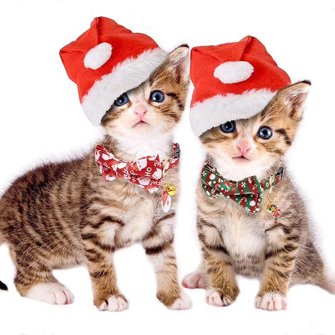 Faygarsle 2 Pack Christmas Cat Collars - Cute Holiday Collars with Bow Tie, Breakaway, Red & Green, Winter, for Boy & Girl Cats