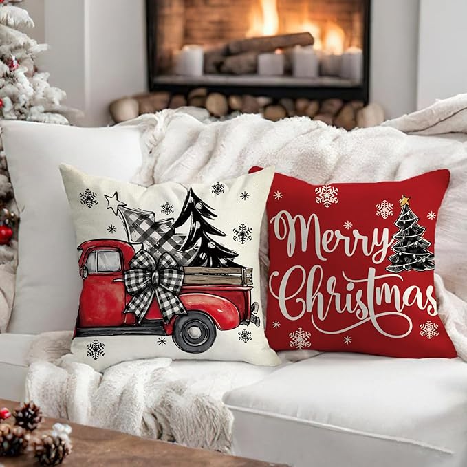 Fahrendom Merry Christmas Decorative Throw Pillow Covers 18 x 18 Set of 4, Xmas Tree Truck Joy to The World Porch Patio Outdoor Pillowcase, Winter Holiday Snowflake Sofa Couch Cushion Case Home Decor