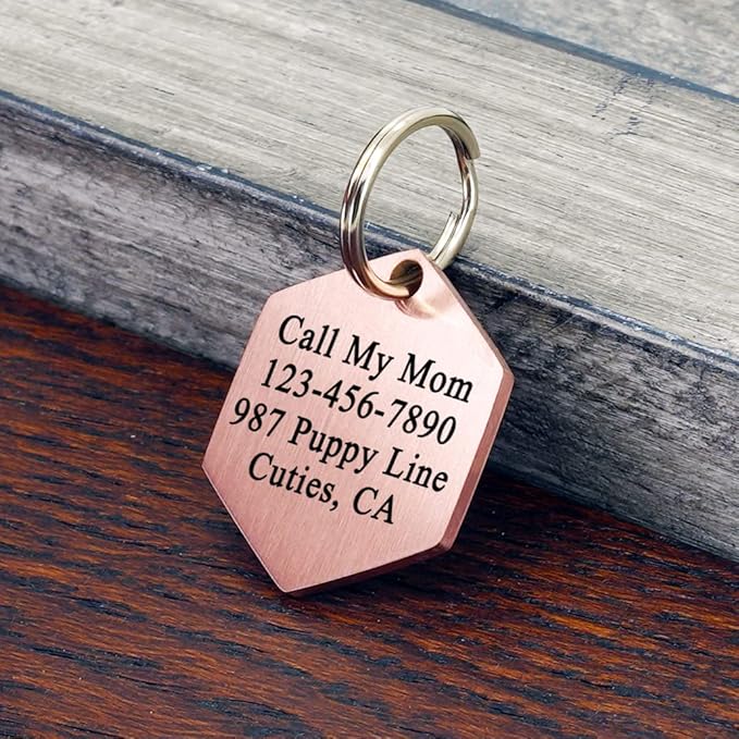 Ultra Joys Personalized Hexagon Dog Tag - Brushed Stainless Steel, Rose Gold, Small