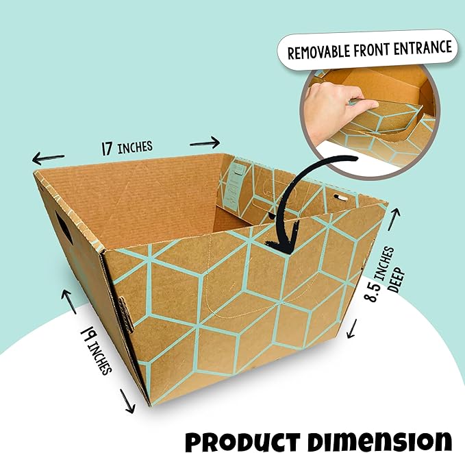 Cats Desire Disposable Litter Box No Plastic Solution (10 Tray) w/ Low Entry & Enclosed Box - Teal on Natural Brown, Made in USA Woman Owned, 19"L x 17"W x 8.5"H tray - 19"L x 17"W x 17"H enclosed box