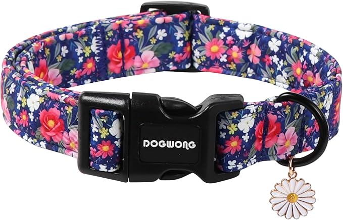 DOGWONG Blue Flower Dog Collar, Cute Adjustable Floral Collar, Girl Female Dog Collar with Strong Plastic Buckle for Small Medium Large Dogs,S