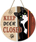 Keep Door Closed Tuxedo Cat Front Door Sign, Funny Wood Hanger Bedroom Porch Decor Pet Owner Lover Gift, Beware of Cat Wooden Wreath Indoor Wall Hanging Home Office Decoration