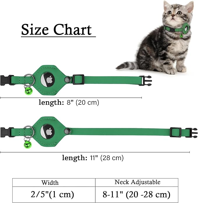Breakaway Airtag Cat Collar with Removable Bell - Leather Pet Collar with Apple Air Tag Holder - Adjustable GPS Collars for Girl Boy Cats Kitten Puppy - Lightweight, Cute and Comfortable (Green)