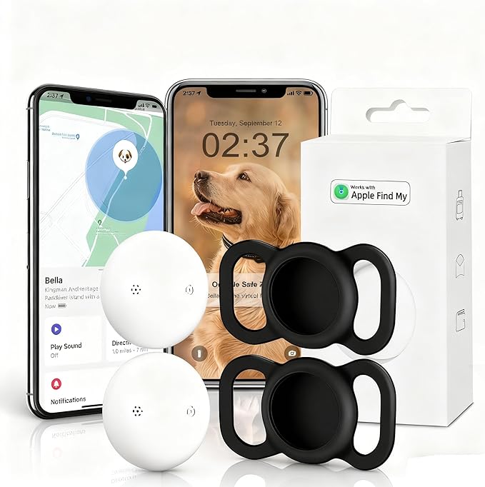 GPS Tracker for Dog (2 Pack), Mini GPS Cat Tracker, Smart Pet Activity Tracker (iOS Only), No Monthly Fee, Compatible with Apple Find My, Anti-Lost, Finder Tag for Vehicles/Pets/Items
