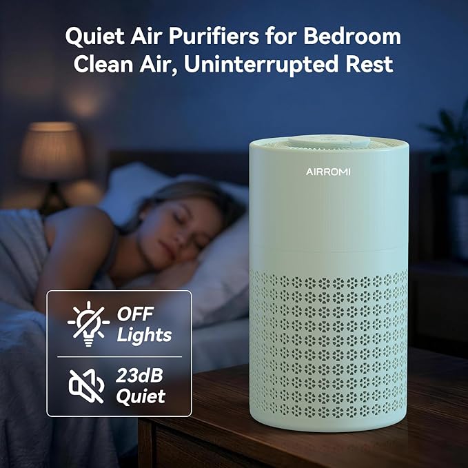 AIRROMI Air Purifier for Bedroom with HEPA 3-in-1 Filter, Pet Air Purifier for Home Cat Pee Smell, Covers Upto 990 Ft², Quiet 360°intake Air Cleaner for pet hair,allergies,Dust,Smoke A2001 Green
