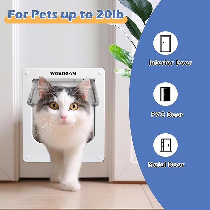 Wordcam Large Cat Door(Outer Size 10.7'' x 9.5''), Robust Cat Door for Interior Exterior Doors, Cat Flap Door with 4 Way Lock, Pet Door for Cats Kitty Kittens Doggies (White, L)