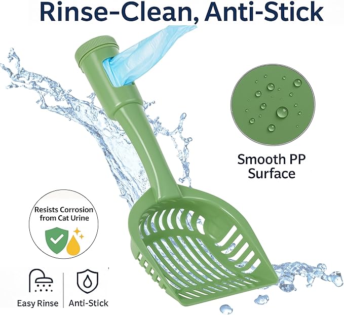 2-in-1 Pooper Scooper with Bag Attachment, Cat Litter Shovel Scoop with Bag, Built-in Dispenser, Includes Trash Roll, Rinse-Clean, Anti-Stick, Smart Sifter, Long Handle (Green)