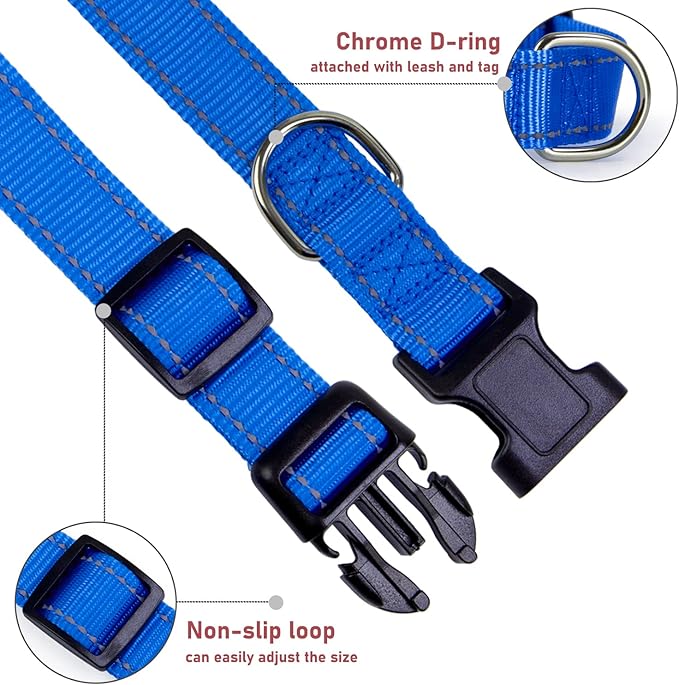 Reflective Dog Collar with Buckle Adjustable Safety Nylon Collars for Small Medium Large Dogs, Navy Blue L