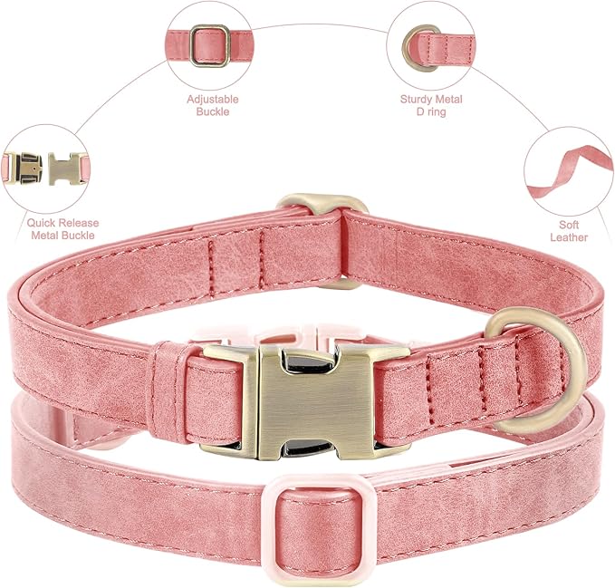 Genuine Leather Dog Collar - Adjustable Pet Collar with Quick Release Metal Buckle, Soft Skin Friendly Real Leather Collar for Small, Medium, Large Dogs (Pink, S：Fit 8-16" Neck)