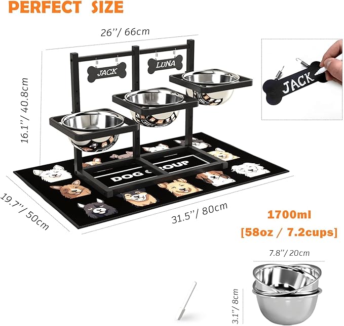 Elevated Dog Bowls for Large Dogs, 6 Height Adjustable Raised Stand with Mat, Two Signature Cards and Three 1700ML Bowls, for Large Breed and Multi-Pet Households