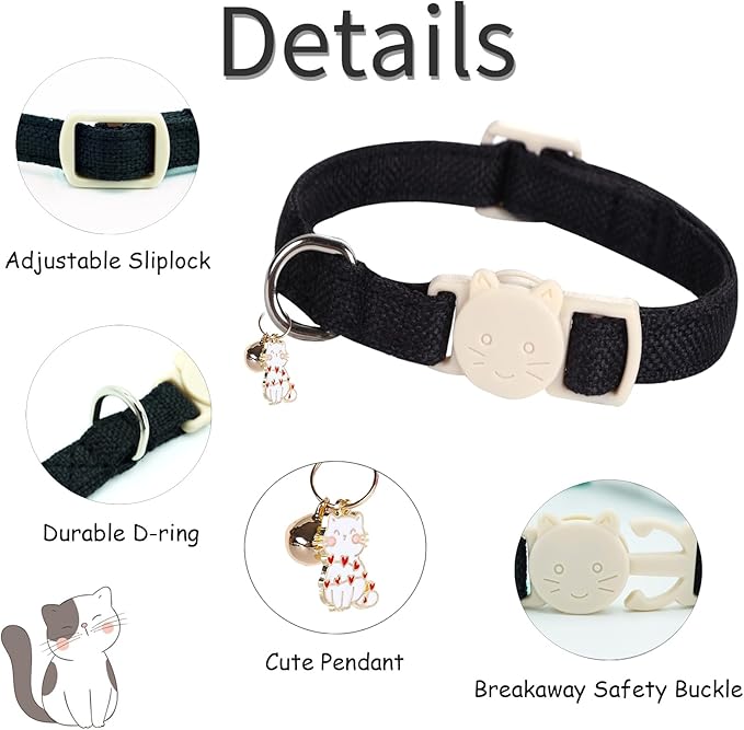 Cat Collar-2 Pack Cat Collar Black and White Linnet with Kitten and Bell Pendant Safety Buckle Adjustable Pet Collar Suitable for Cats Gift to Cats and Small Pets