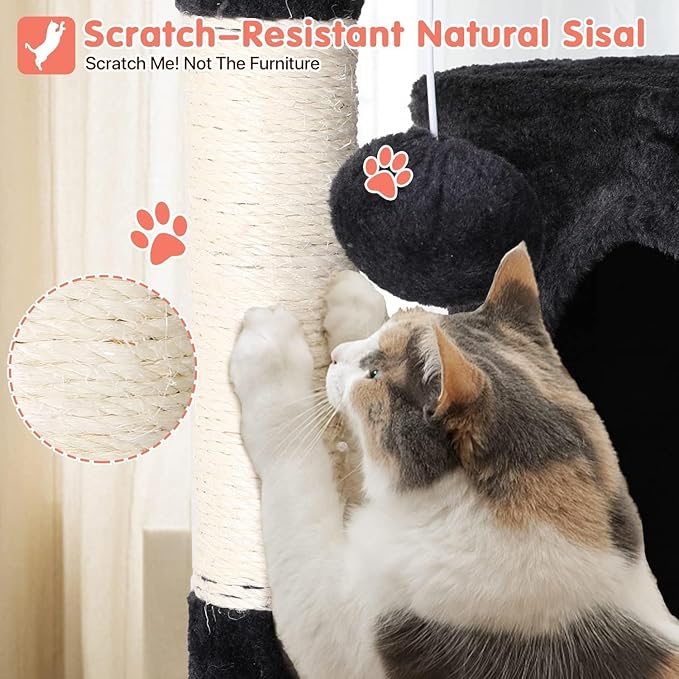 54in Cat Tree Cat Climbing Tower with Scratching Post, Cats House Perch Kitten Tree Condo Wood Playhouse, Pet Trees Tower for Indoor Cats, Dark Gray