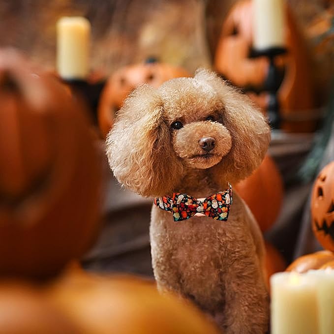 Fall Dog Collar, Leaf Pumpkin Print Adjustable Pet Collar Cute Cotton Soft Collars with Bow Tie Metal Buckle Holiday Puppy Collars Boy&Girl Gift for X-Small Dogs
