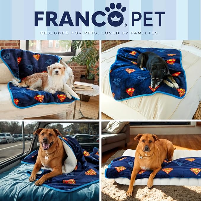 Franco Pet Superman DC Comics Super Soft Cozy Waterproof Sherpa-Backed Blanket Throw for Medium Dogs, Couch/Bed/Car, 40x50 (Officially Licensed Product)