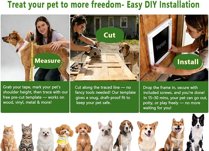 Dog Door Doggy Door Easy Install - Wood & PVC Doors & Walls，Dgooie Free Movement & Flexible Control - 2 Magnetic Flaps & Sliding Lock,Telescoping Frame,8 1/8" x 13 2/5" for Medium Dogs Up to 40 lb