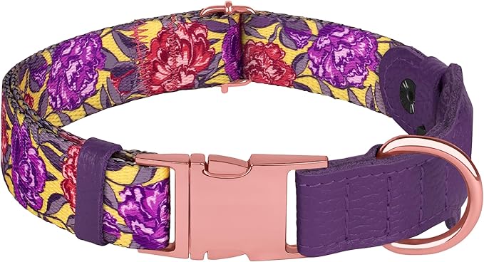 AirTag Dog Collar for Small Medium Large Breed - Adjustable Cute Pattern Dog Collar with Airtag Holder - Soft Leather Tracker GPS Apple Air Tag Pet Collars (Medium, 14"-18" Neck Fit, Peonies)