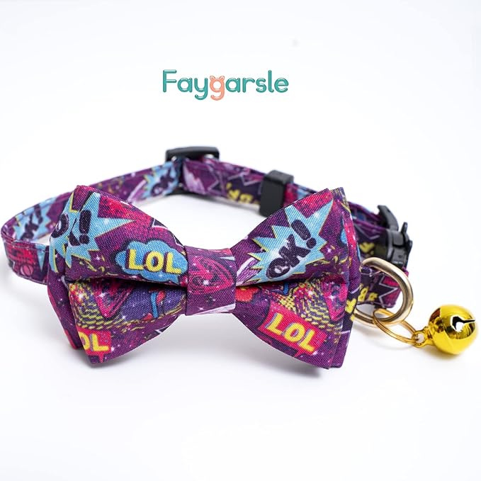 Faygarsle 2 Pack Cotton Designer Breakaway Cats Collar with Bow Tie and Bell Graffiti Style Cat Collars for Girl Female Boy Male Cat Collar with Bell Collars for Cats Purple Yellow
