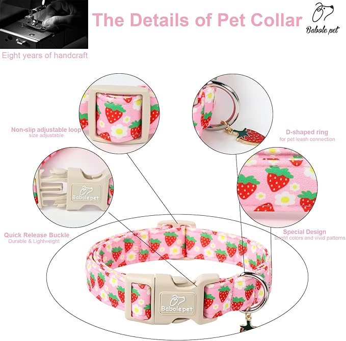 Cute Spring/Summer Dog Collar, Adjustable Pink Strawberry Dog Collars for Giant Large Dogs, Lightweight Quick-Release Buckle Collar for Boy&Girl Dogs XL