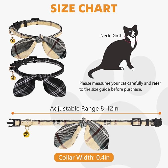 KOOLTAIL Cat Collar Breakaway with Bowtie and Bells, 2 Pack Cute Kitten Collars for Boys & Girls, Classic Plaid Design with Safety Buckle Adjustable for Small Large Cats Puppy,Black & Beige