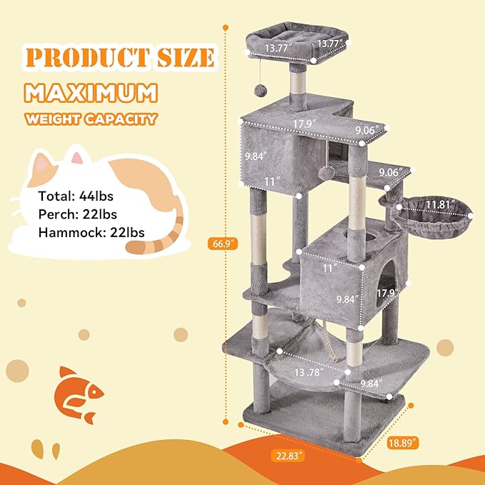 Sweetcrispy 66 Inch Cat Tree Tower, Multi Level Cat Climbing Tower with Natural Sisal Scratching Posts, Hammock, Pet Condo for Indoor Cats and Kittens Play, Grey