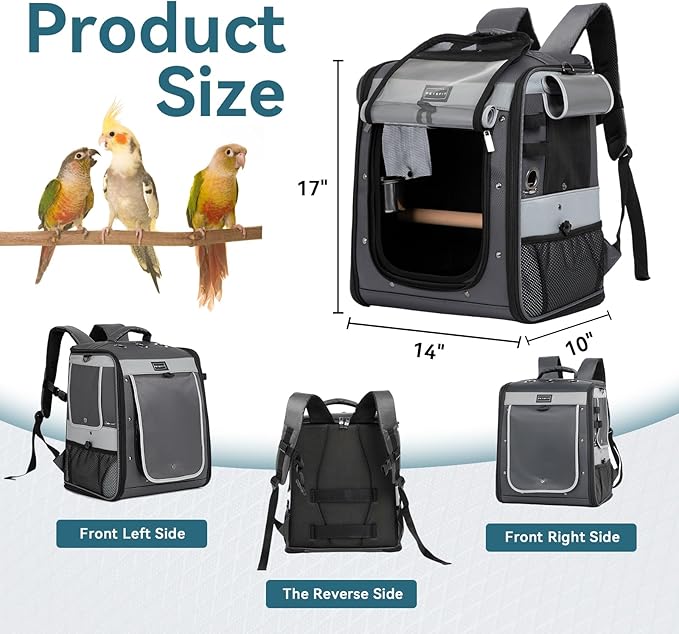 Bird Carrier with Shade Cover,Adjustable Height Standing Perch,2 Feeder Bowls and Great Ventilation, Fit for Medium Sized Birds (Grey)
