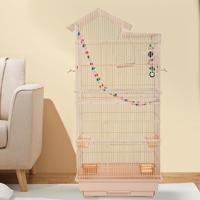FDW 39 Inch Bird Cage Parakeet Cage with Play Top Rolling Stand & Easy Clean Pull-Out Tray Roof Top Parrot Cage for for Finches Canaries Parakeets Cockatiels & Other Small Birds, Almond