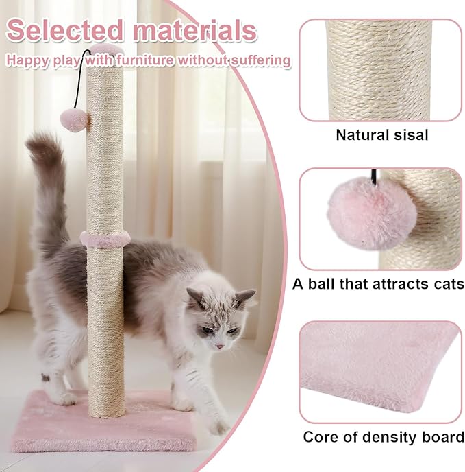 Dimaka Tall Cat Scratching Post, Claw Scratcher with Sisal Rope and Covered with Soft Smooth Plush, Vertical Scratch [Full Strectch] for Standard Size Cats (Pink, 29 inches for All Cats)