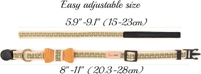 Pettsie Breakaway Cat Collar with Bow Tie and Matching Bracelet–Adjustable Cotton Kitten Collar with Safety Buckle for Cats and Small Pets–Cute Cat Gift for Owners and Cat Lovers, 8-11 Inches, Black