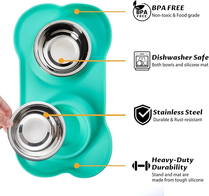 Hubulk Pet Dog Bowls 2 Stainless Steel Dog Bowl with No Spill Non-Skid Silicone Mat + Pet Food Scoop Water and Food Feeder Bowls for Feeding Small Medium Large Dogs Cats Puppies (Large, Mint Green)