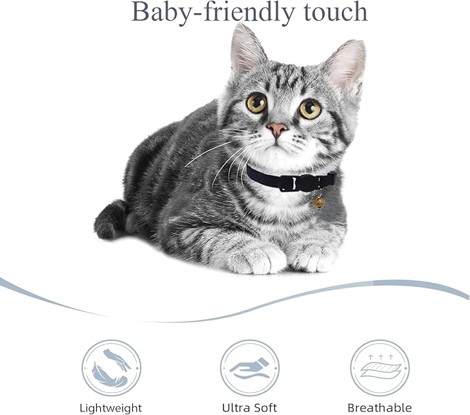 Breakaway Cat Collar with Bell, Safety Buckle Kitten Collar, Elastic Strech Quick Release, Adjustable Lightweight Collars for Girl Boy Cats, Pet Supplies, Accessories, Gifts Black