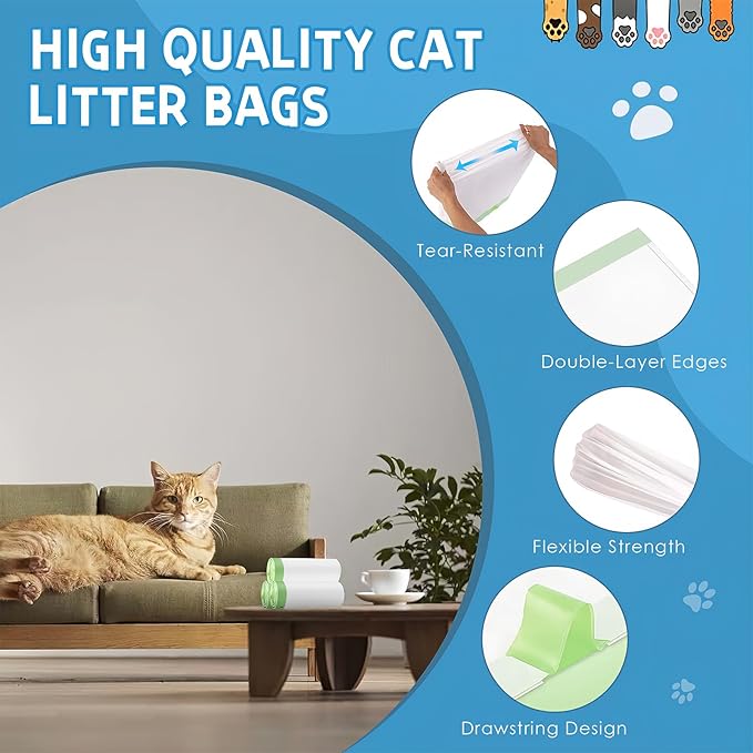 60 Count Cat Litter Box Liners Bag Compatible with Meo Want Self-cleaning Cat Litter Box MW-SC01 MW-SC02 MW-LR01, Leak-Proof Drawstring Bags - Heavy Duty Replacement Liners 18" x 12.6"